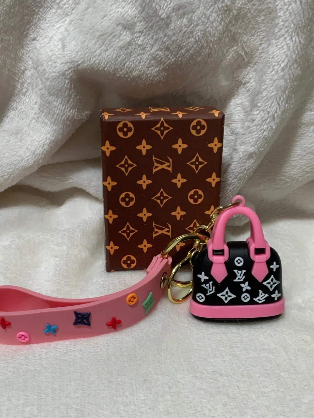 Pink & Black Monogram Charm Keychain with Bracelet Strap and box